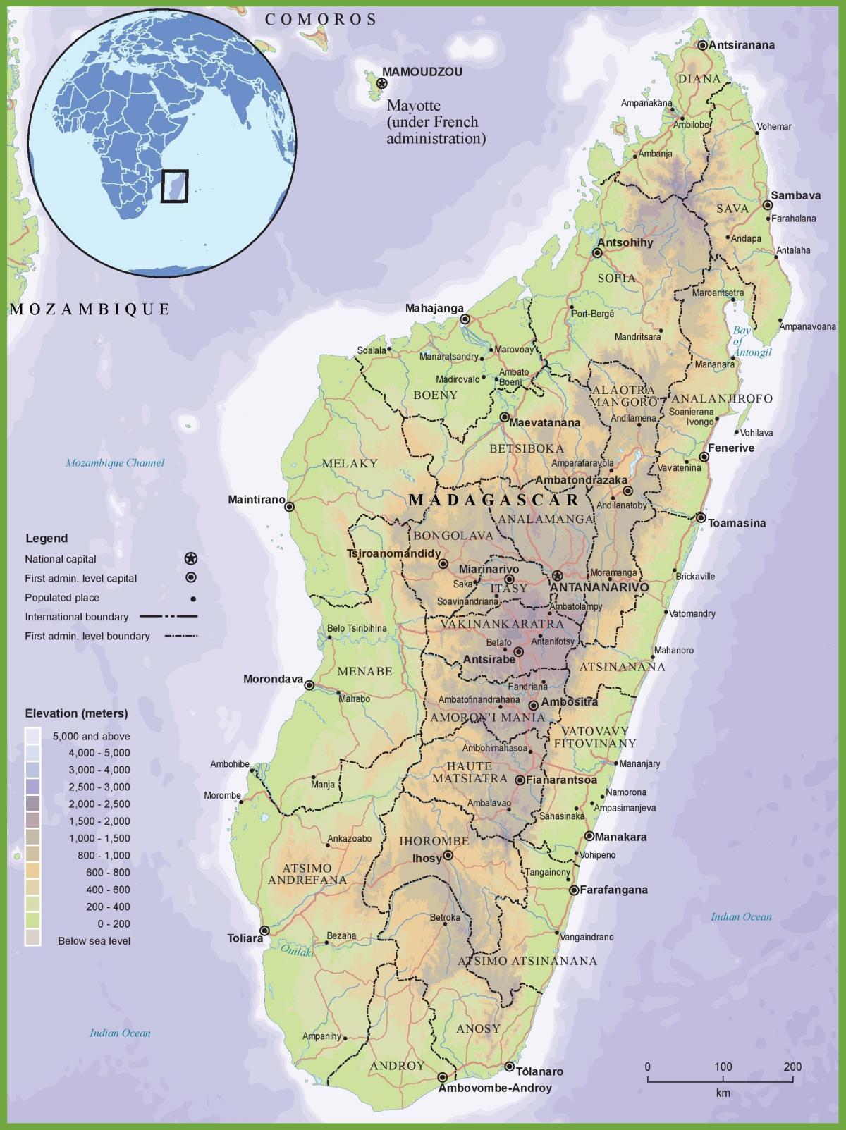 карта на физическа карта на Мадагаскар